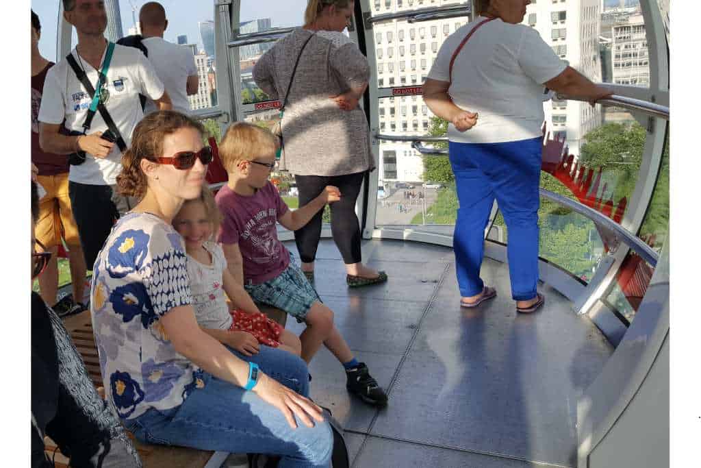 A Family in a glass capsule on the London Eye with a view over a city.