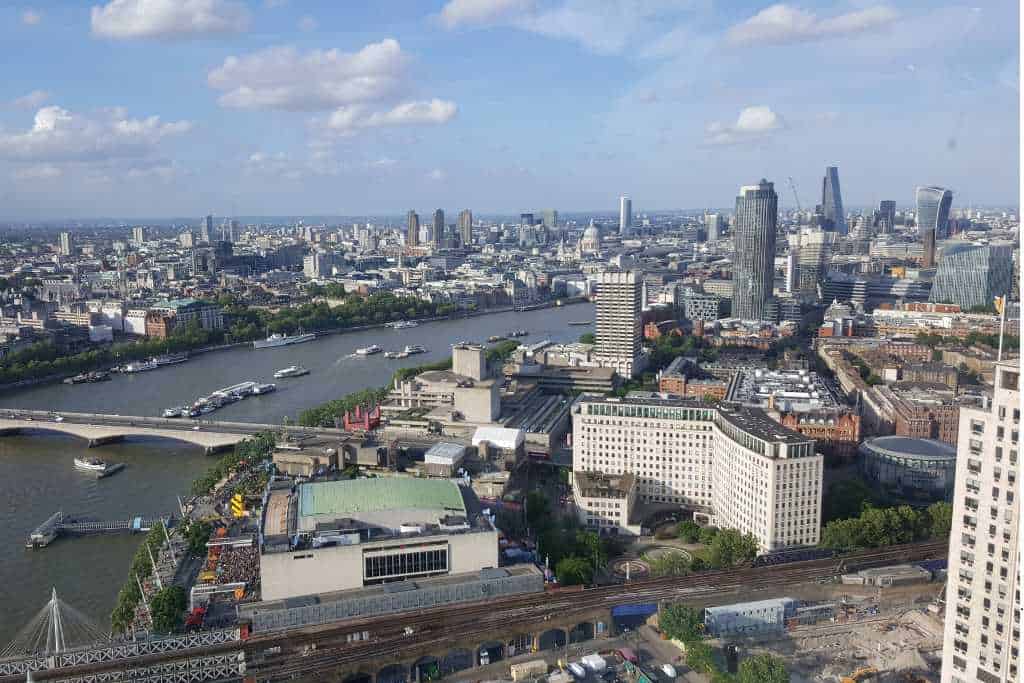 Elevated panoramic view over a city with skyscrapers and a wide river in London.