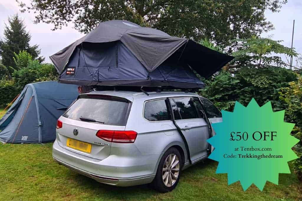 Rooftop tent on a car in a campsite. Discount code for Tentbox.com