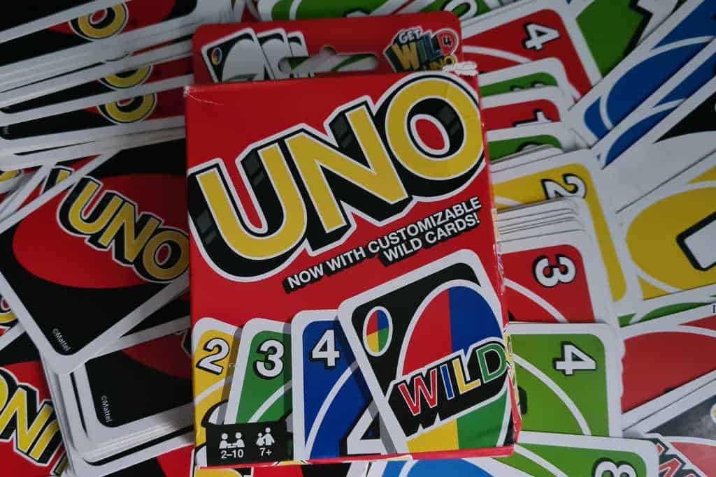 Pack of colourful cards out of a game pack popular with families.