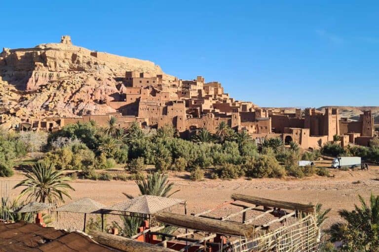 City of mud brick houses on a hill. Ben Ait Haddou is a popular traditional Kasbah worth seeing on a Moroccan itinerary.