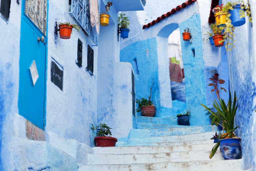 Steps between blue buildings with flower pots. The Blue City, Chefchaouen of Morocco is a unique place to visit with kids.