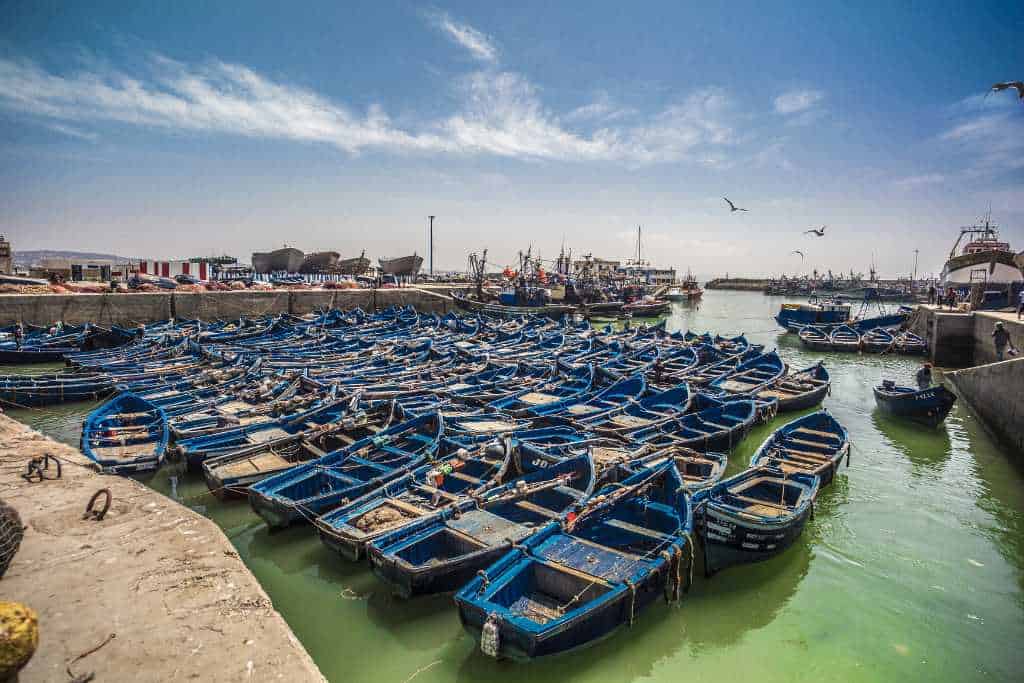 Iconic blue boats in Essaouira fishing habour. 