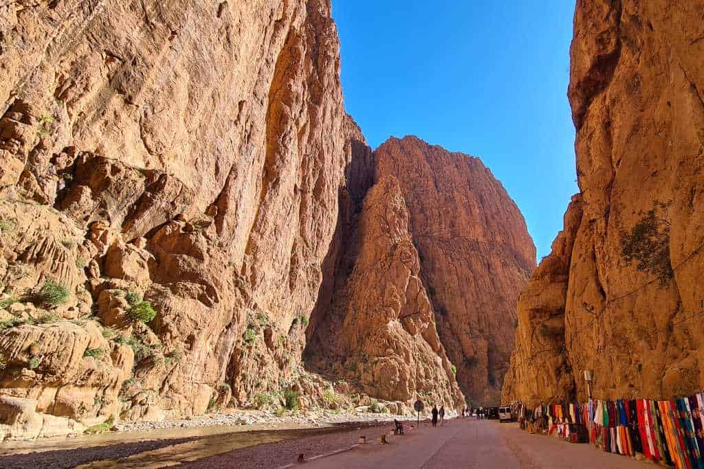 Towering rocky gorge in Morocco, with road access. It is a popular area for rock climbing, hiking and sightseeing.