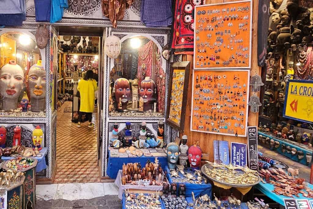 A market stall selling handmade items in Morocco.