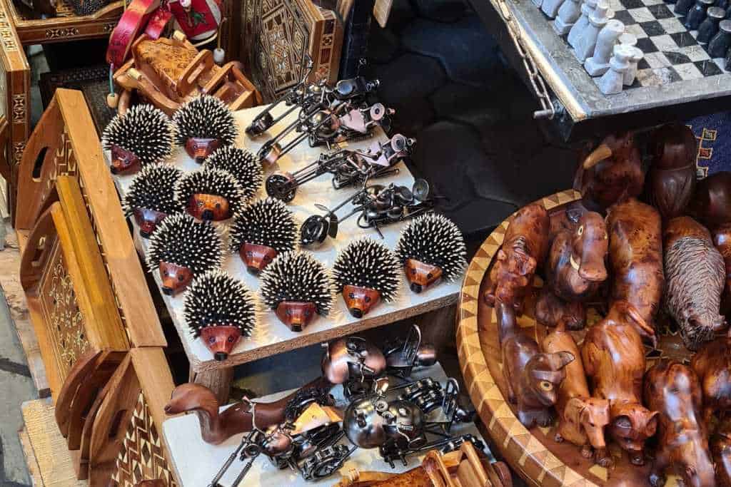 Handmade wooden things to buy from a market stall.